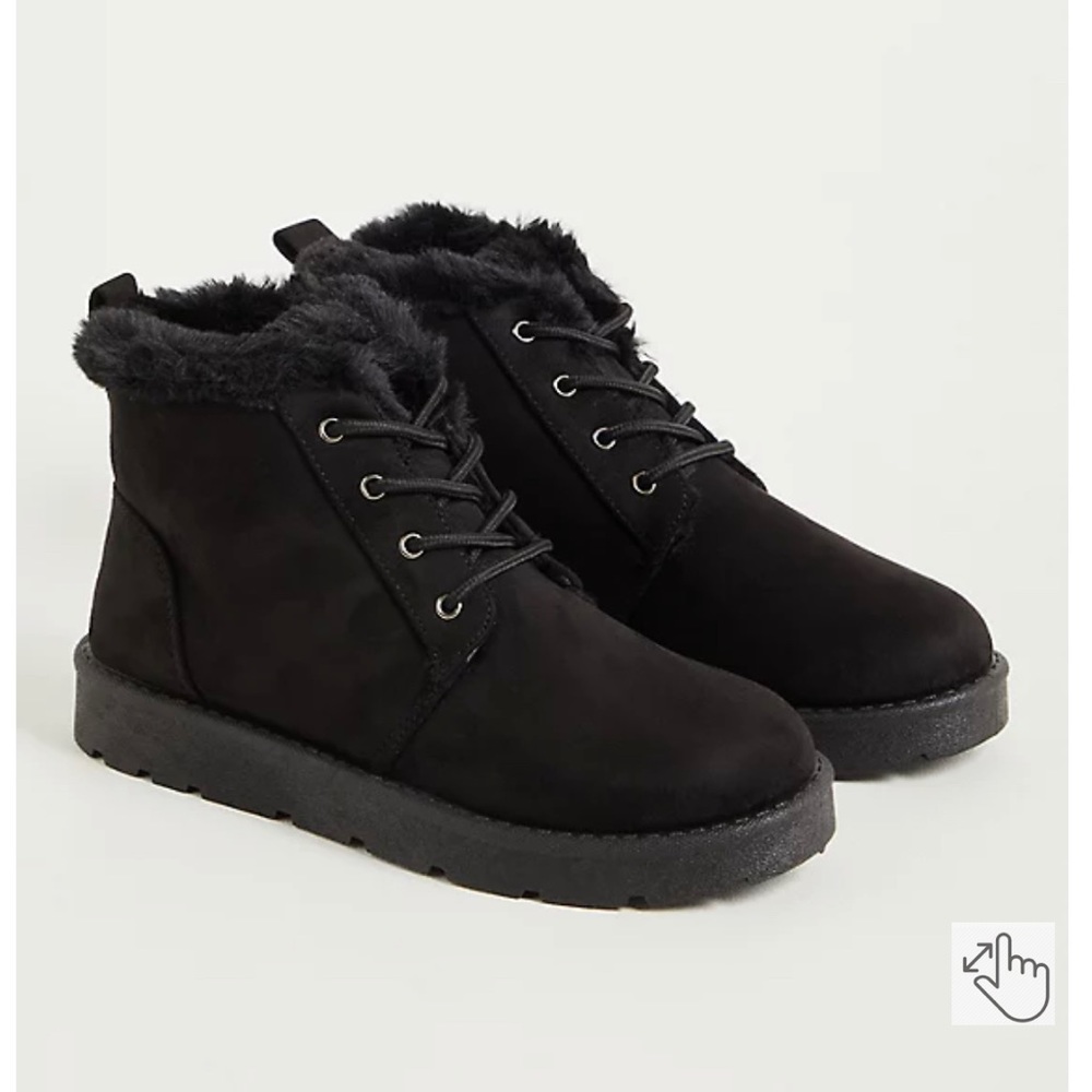Torrid lace up fur lined bootie- faux suede black. 8 wide